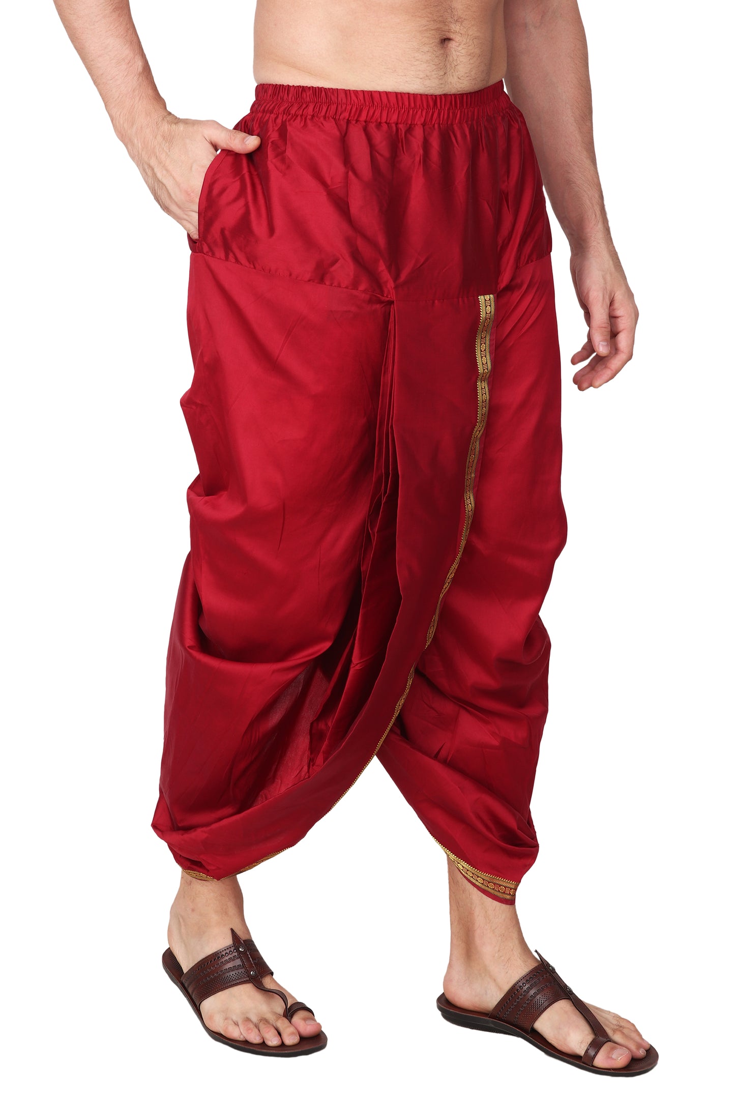 Maroon Dhoti with Pocket - Elastic Waist Free Size Dhoti for Men