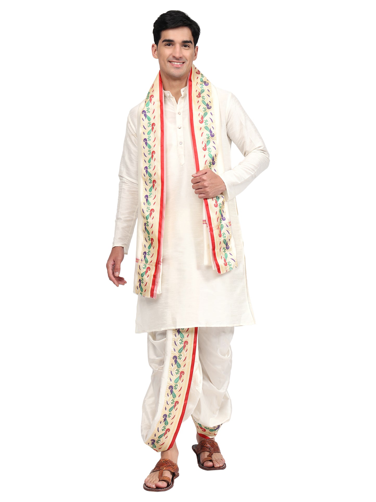 Mayur-Paithani Border White Ready to Wear Dhoti Set