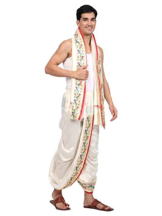 Mayur-Paithani Border White Ready to Wear Dhoti Set