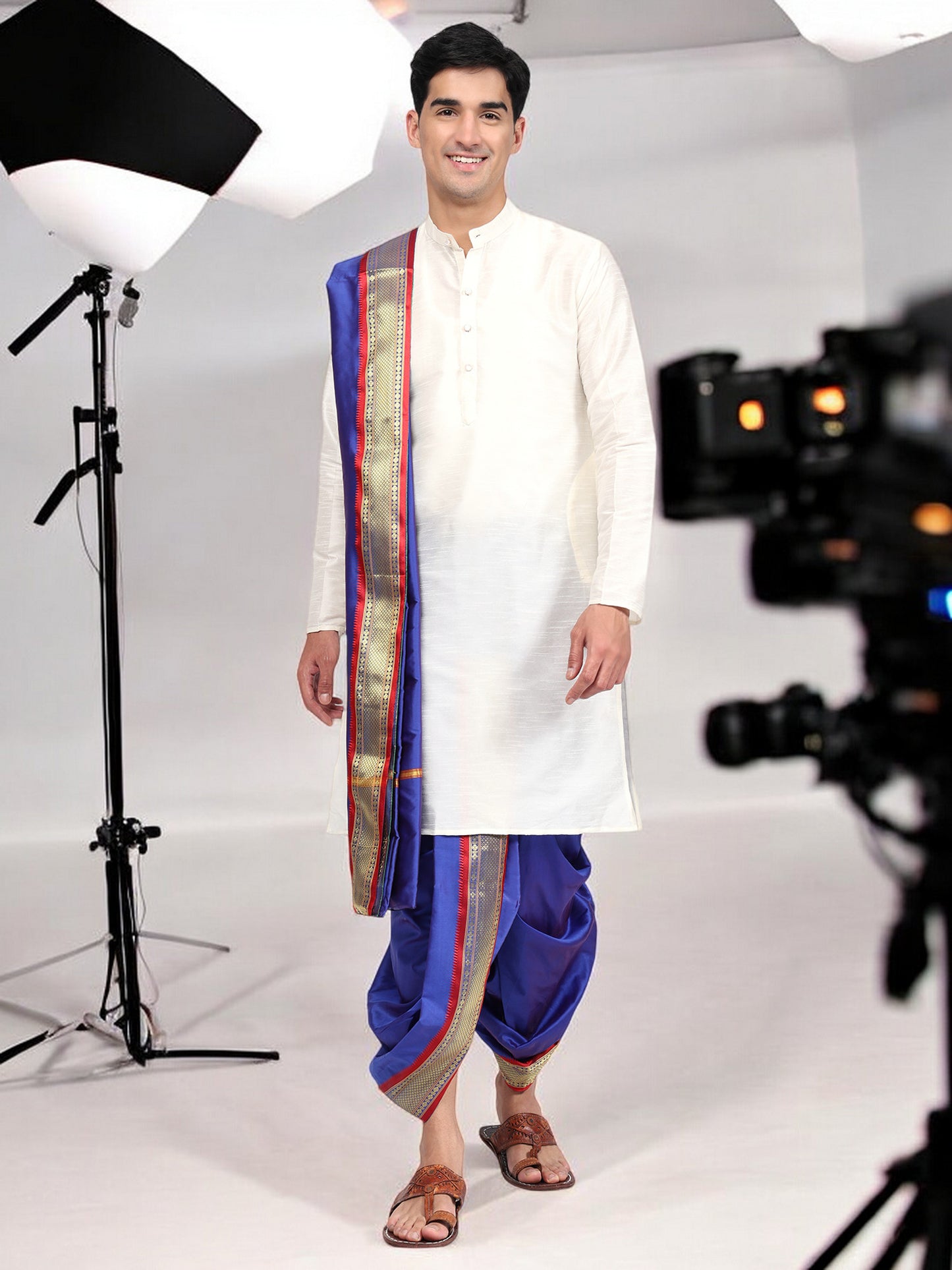 Blue Readymade Dhoti Dupatta Set - Velcro Dhoti Set for Men