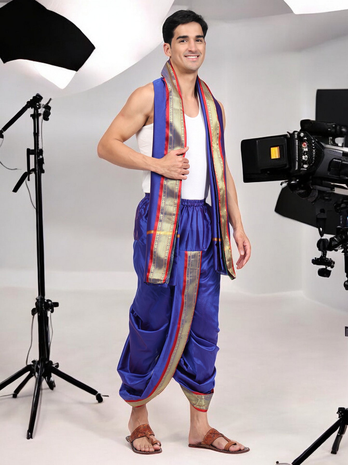 Blue Readymade Dhoti Dupatta Set - Velcro Dhoti Set for Men