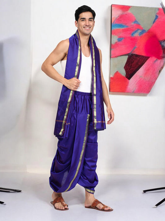 Blue Silk Dhoti - Readymade Pocket Dhoti for Men