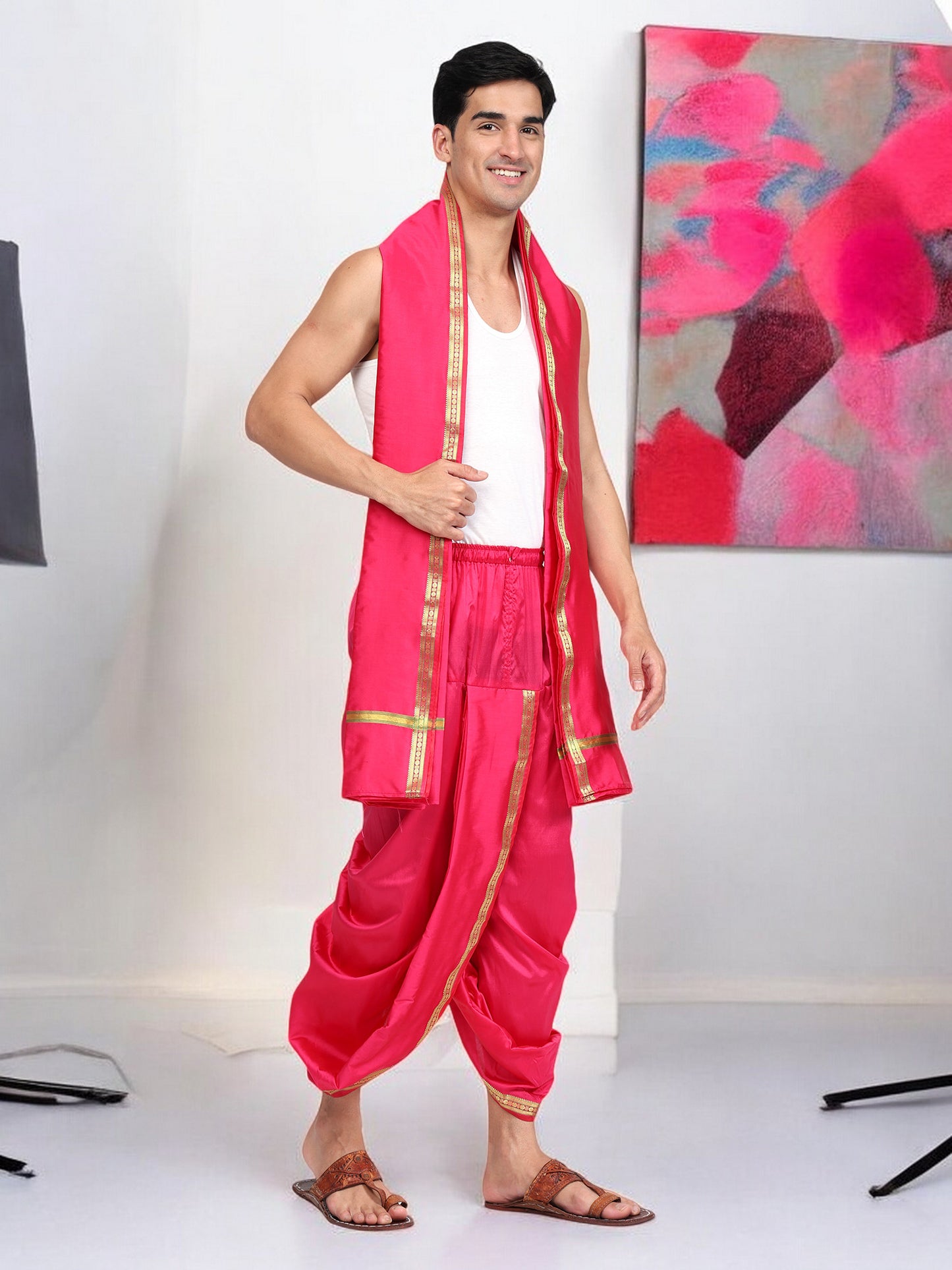 Dhoti Pant for Men - Silk Dhoti with Stole - Ready Dhoti Set