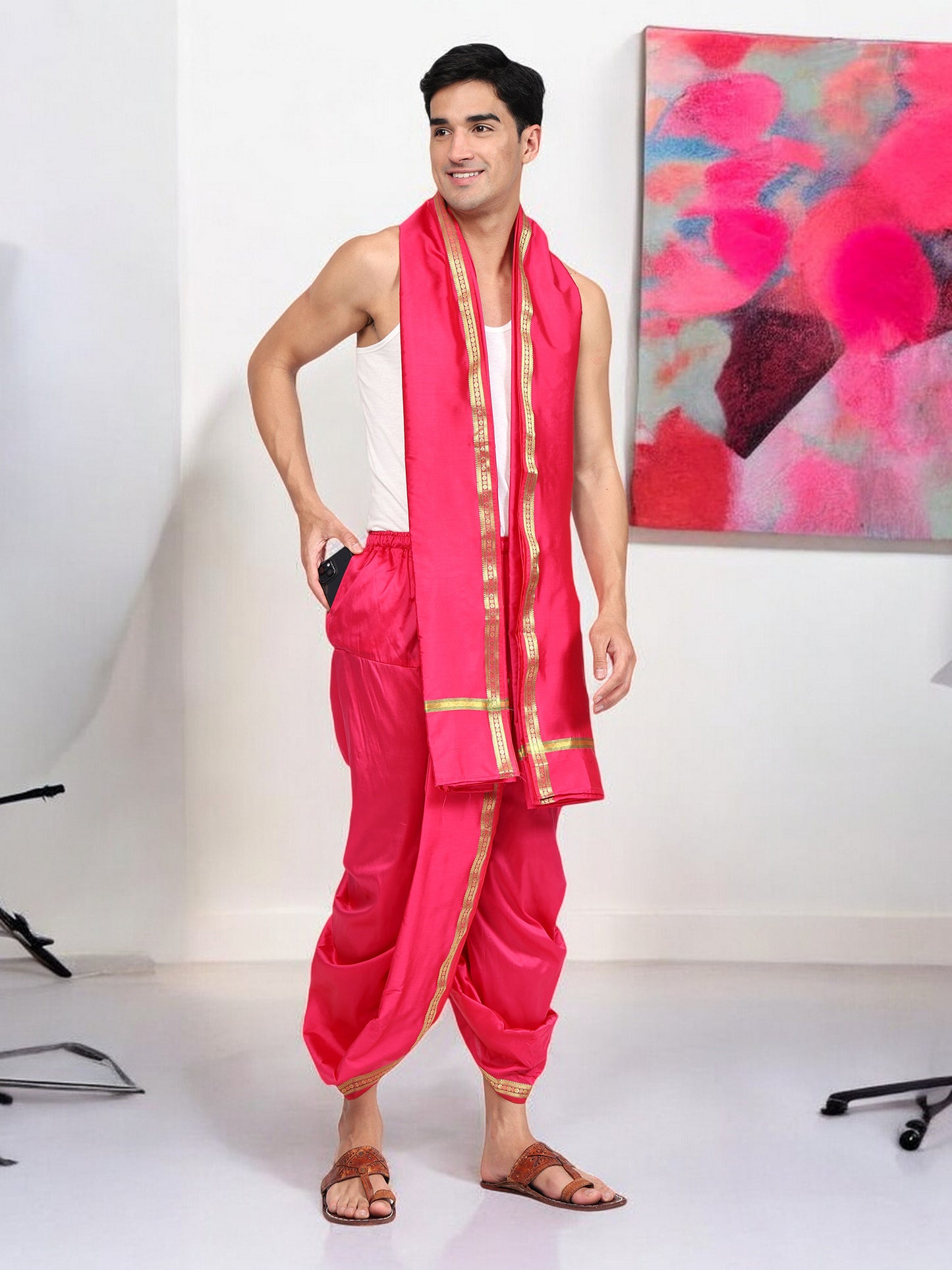 Dhoti Pant for Men - Silk Dhoti with Stole - Ready Dhoti Set