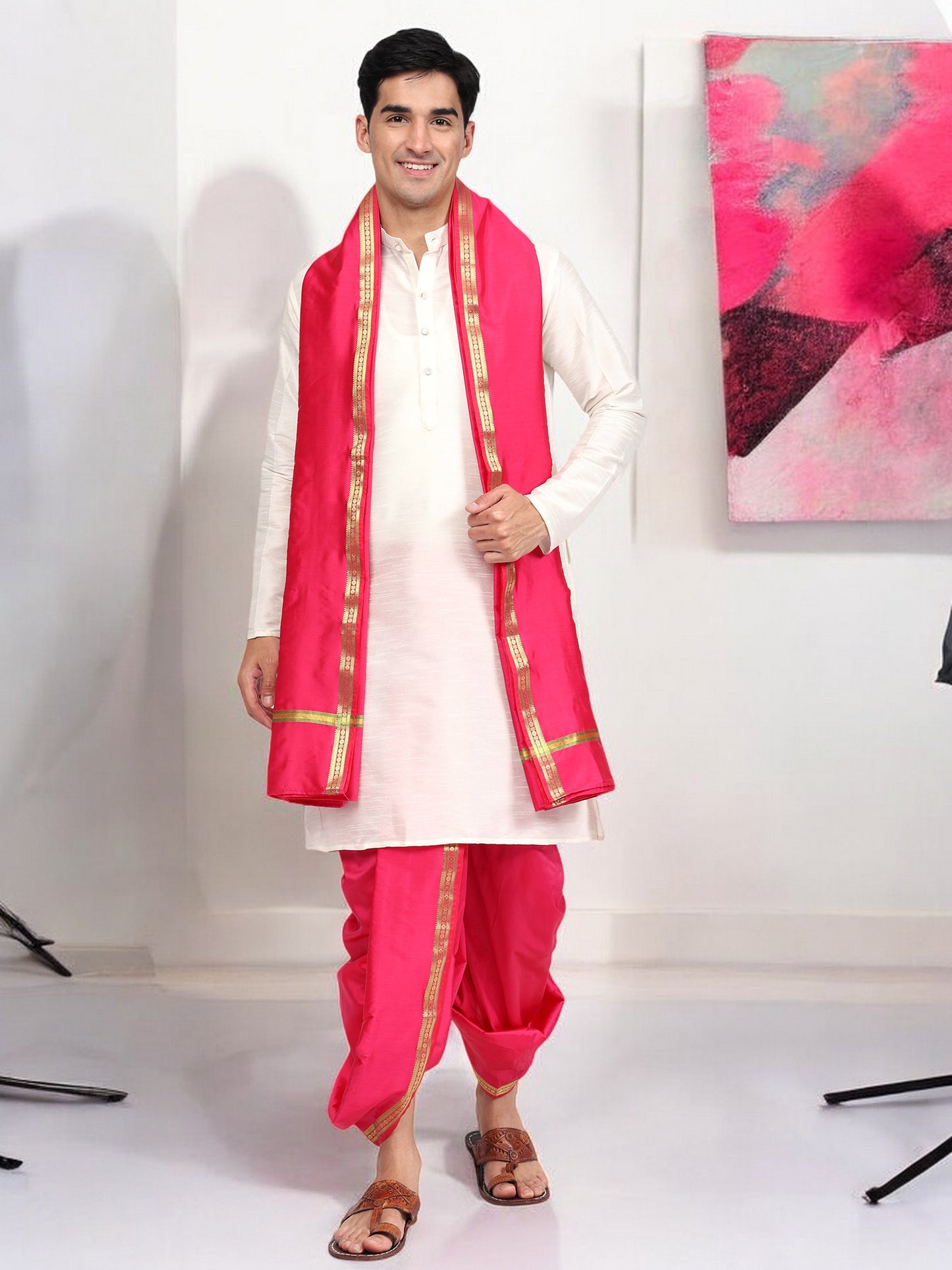 Dhoti Pant for Men - Silk Dhoti with Stole - Ready Dhoti Set