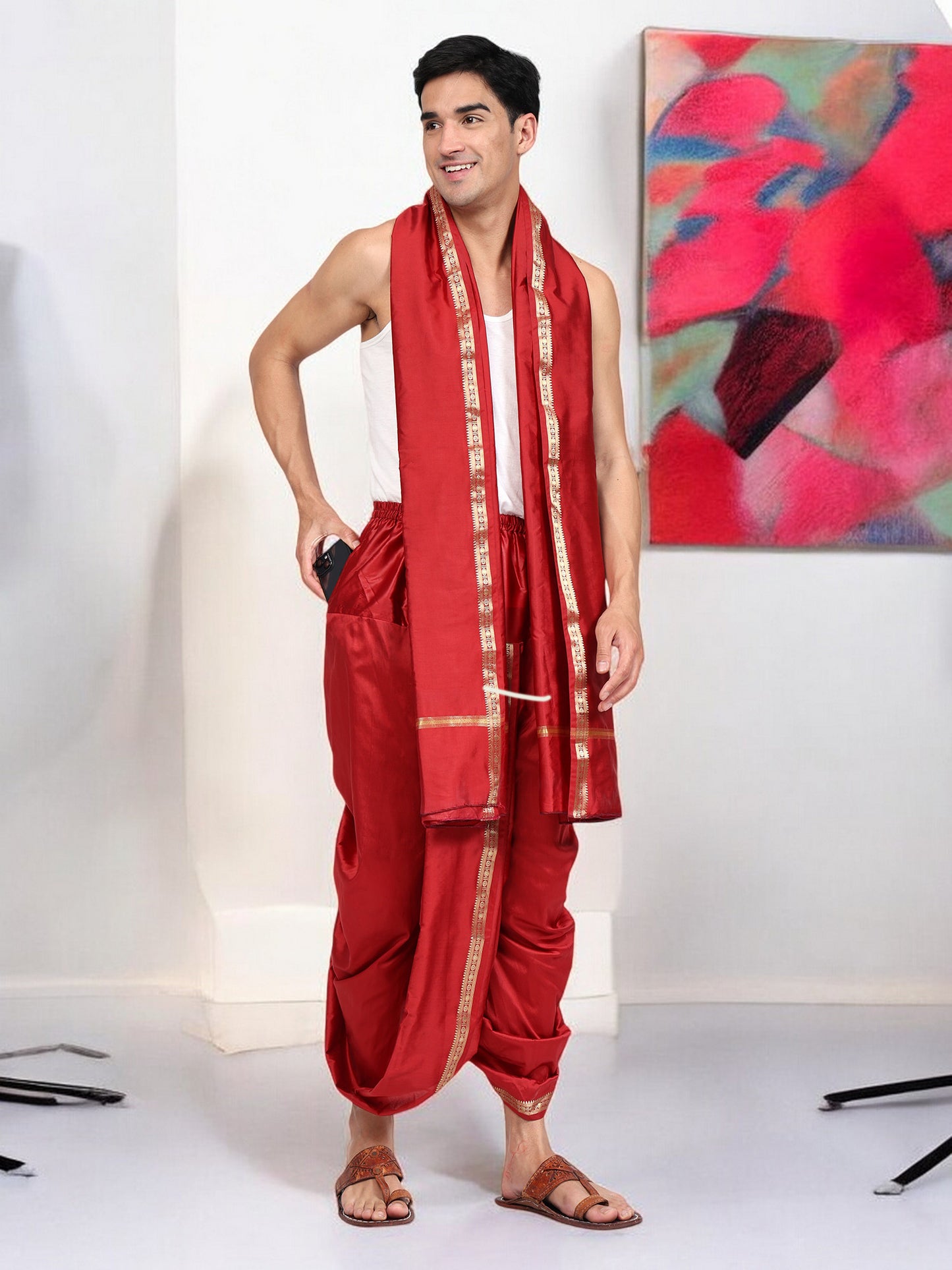 Dhoti Pant for Men - Silk Dhoti with Stole - Ready Dhoti Set