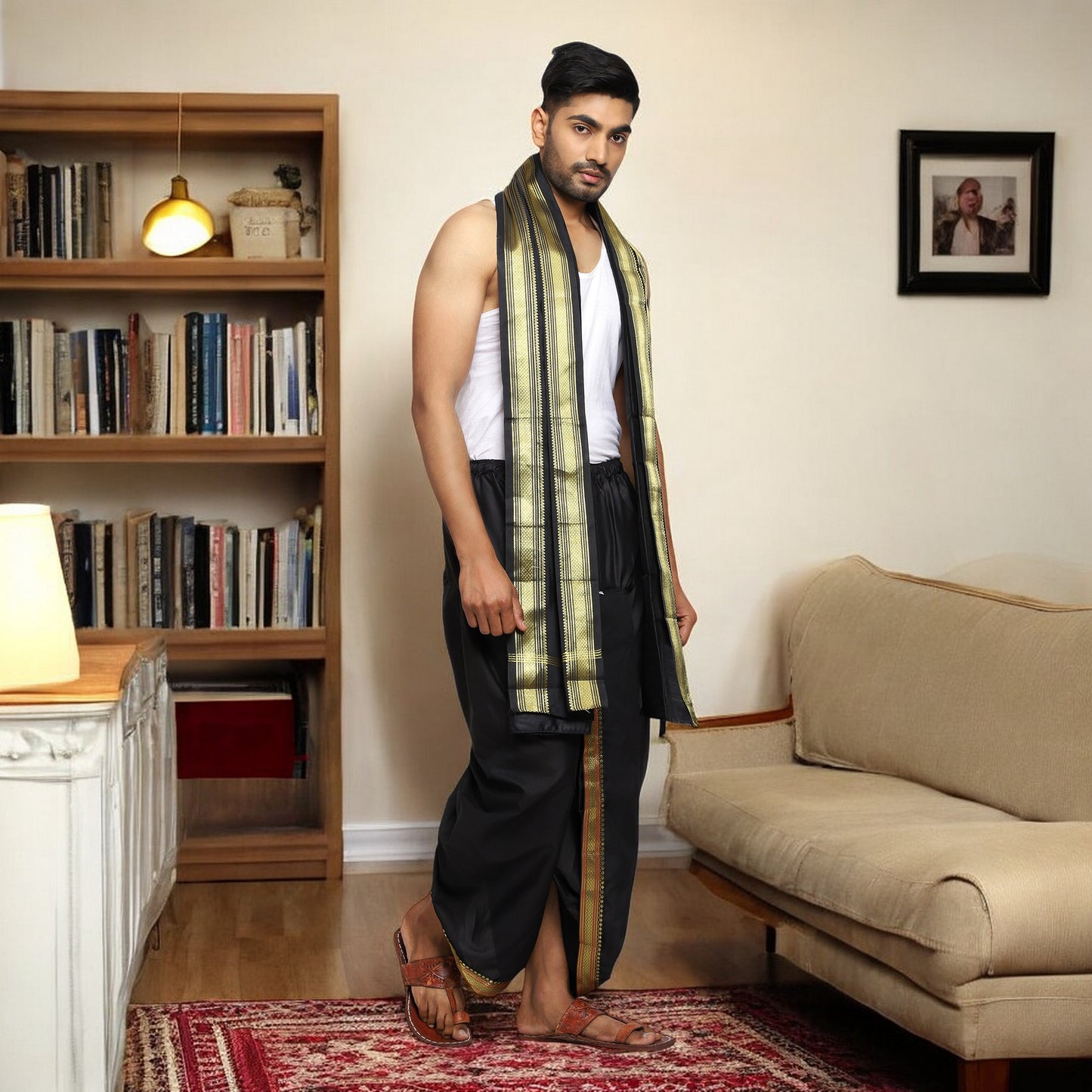 Black Dhoti for Men - Readymade Silk Dhoti Uparna Set