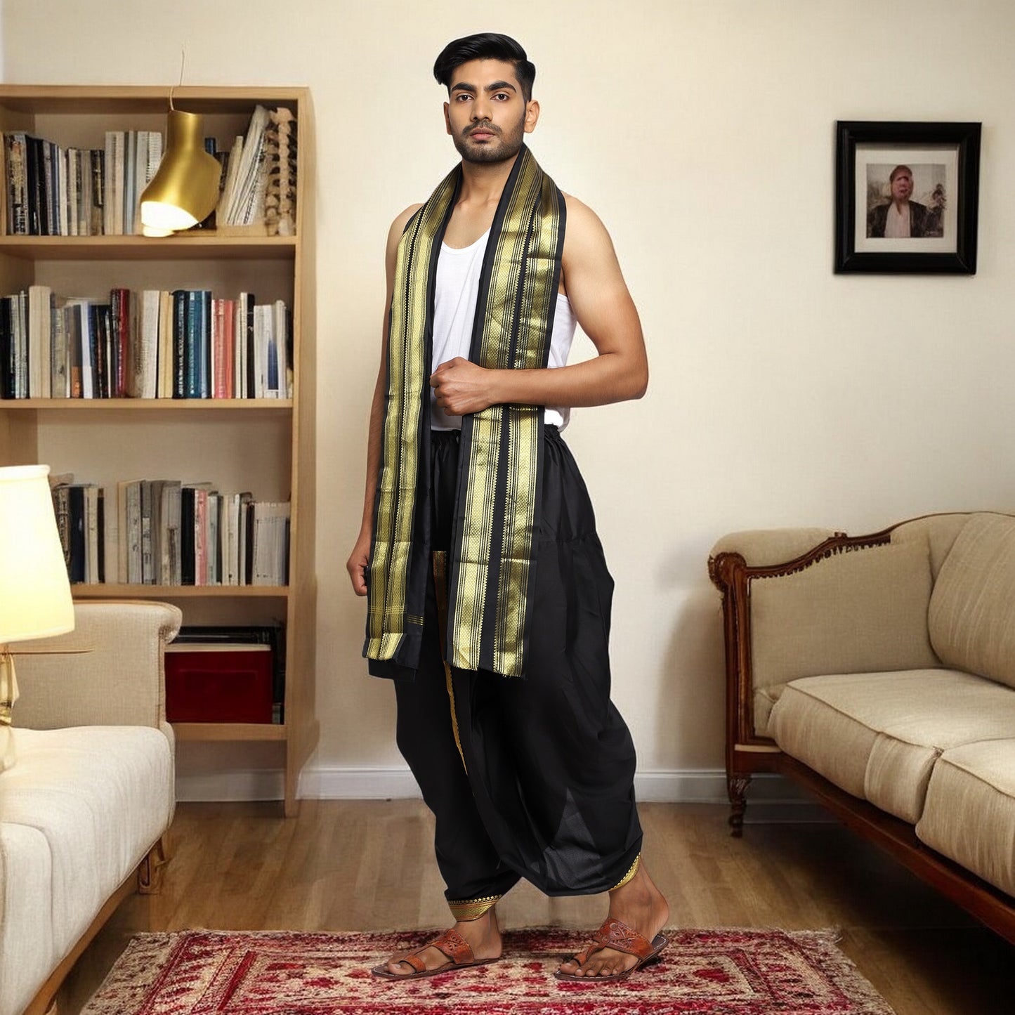 Black Dhoti for Men - Readymade Silk Dhoti Uparna Set