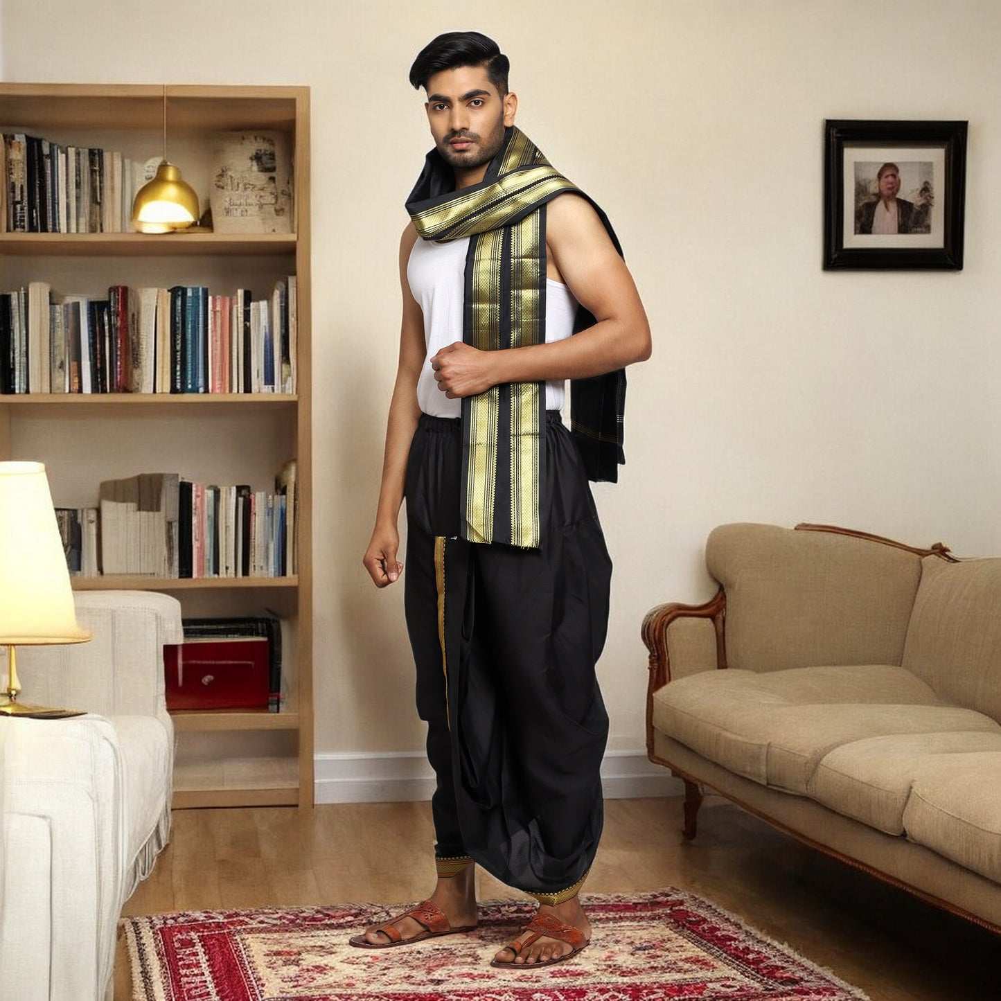 Black Dhoti for Men - Readymade Silk Dhoti Uparna Set