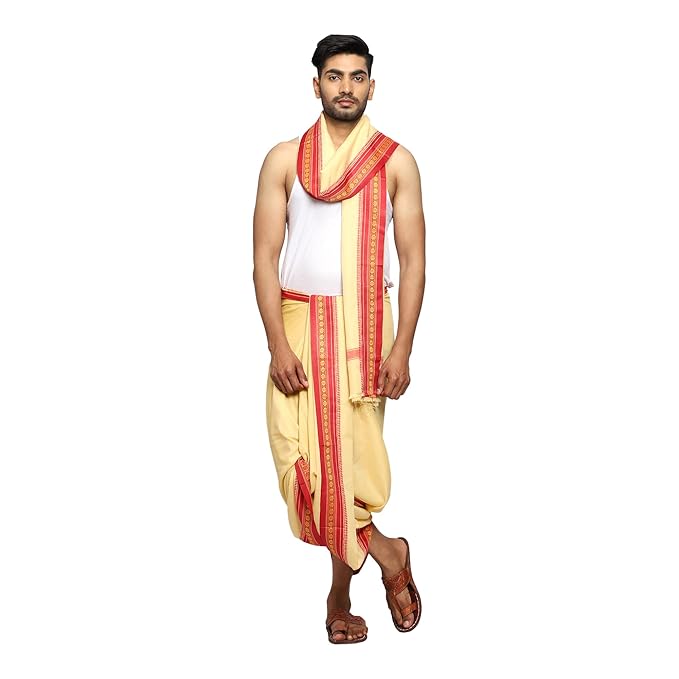 Cream-Beige Color Cotton Silk Dhoti for men, Soft & Comfortable Fabrics, Pooja Dhoti Set with Angwastram 9-5