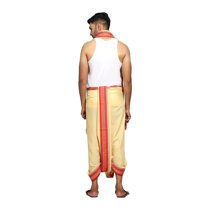 Cream-Beige Color Cotton Silk Dhoti for men, Soft & Comfortable Fabrics, Pooja Dhoti Set with Angwastram 9-5