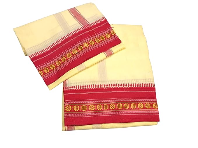 Cream-Beige Color Cotton Silk Dhoti for men, Soft & Comfortable Fabrics, Pooja Dhoti Set with Angwastram 9-5