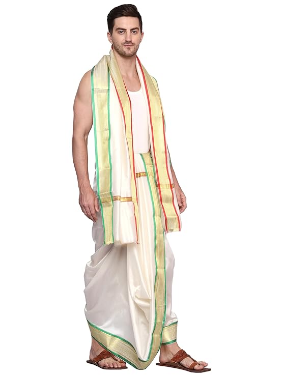 White-Cream Color Silk Dhoti Set