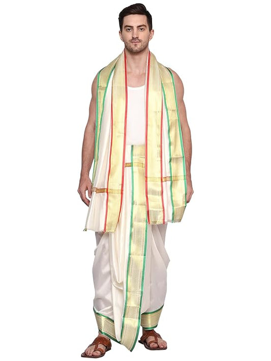 White-Cream Color Silk Dhoti Set