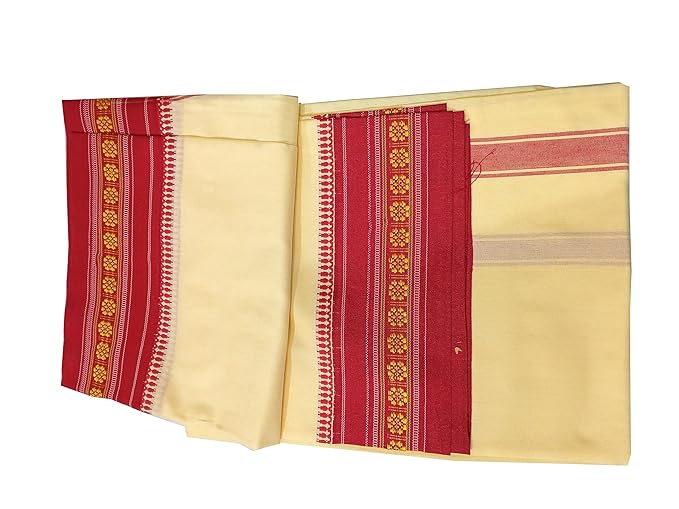 Cream-Beige Color Cotton Silk Dhoti for men, Soft & Comfortable Fabrics, Pooja Dhoti Set with Angwastram 9-5