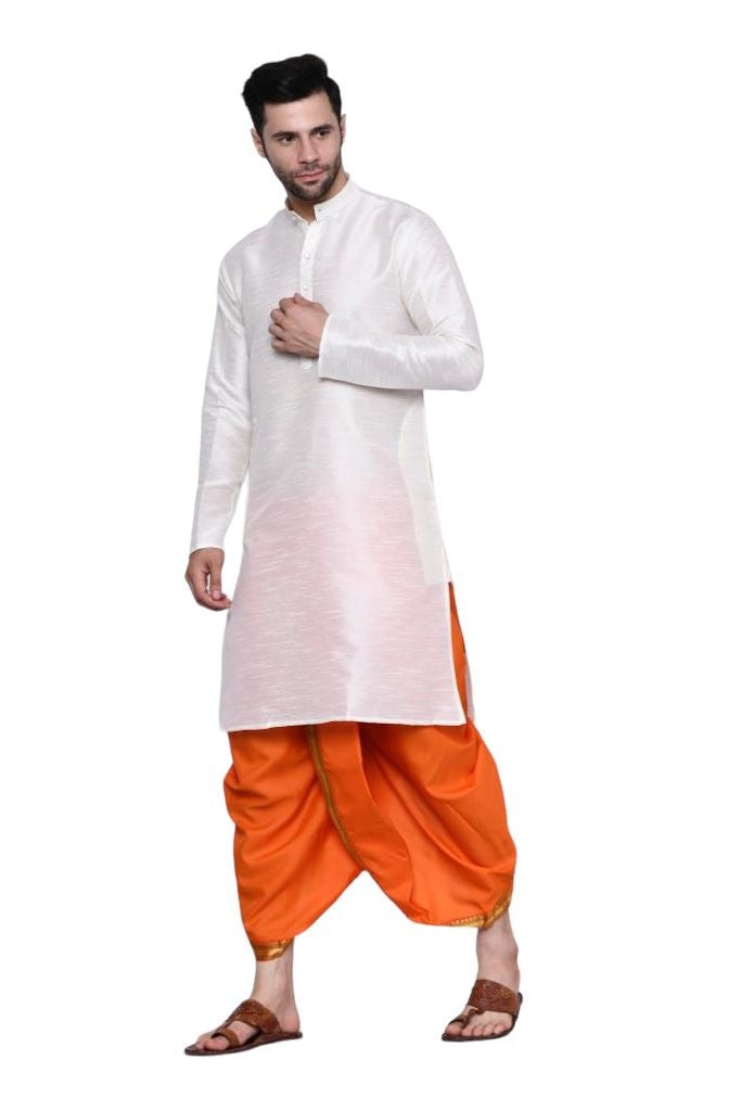 Men's Readymade Elastic Cotton Silk Dhoti for men, Free Size (Ready-to-wear-Dhoti)