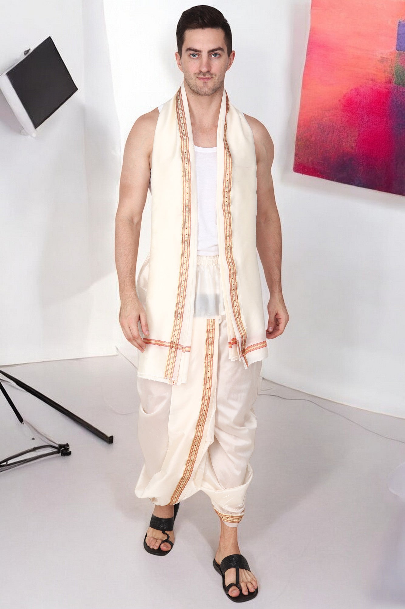 Dhoti Pant for Men - Silk Dhoti with Stole - Ready Dhoti Set