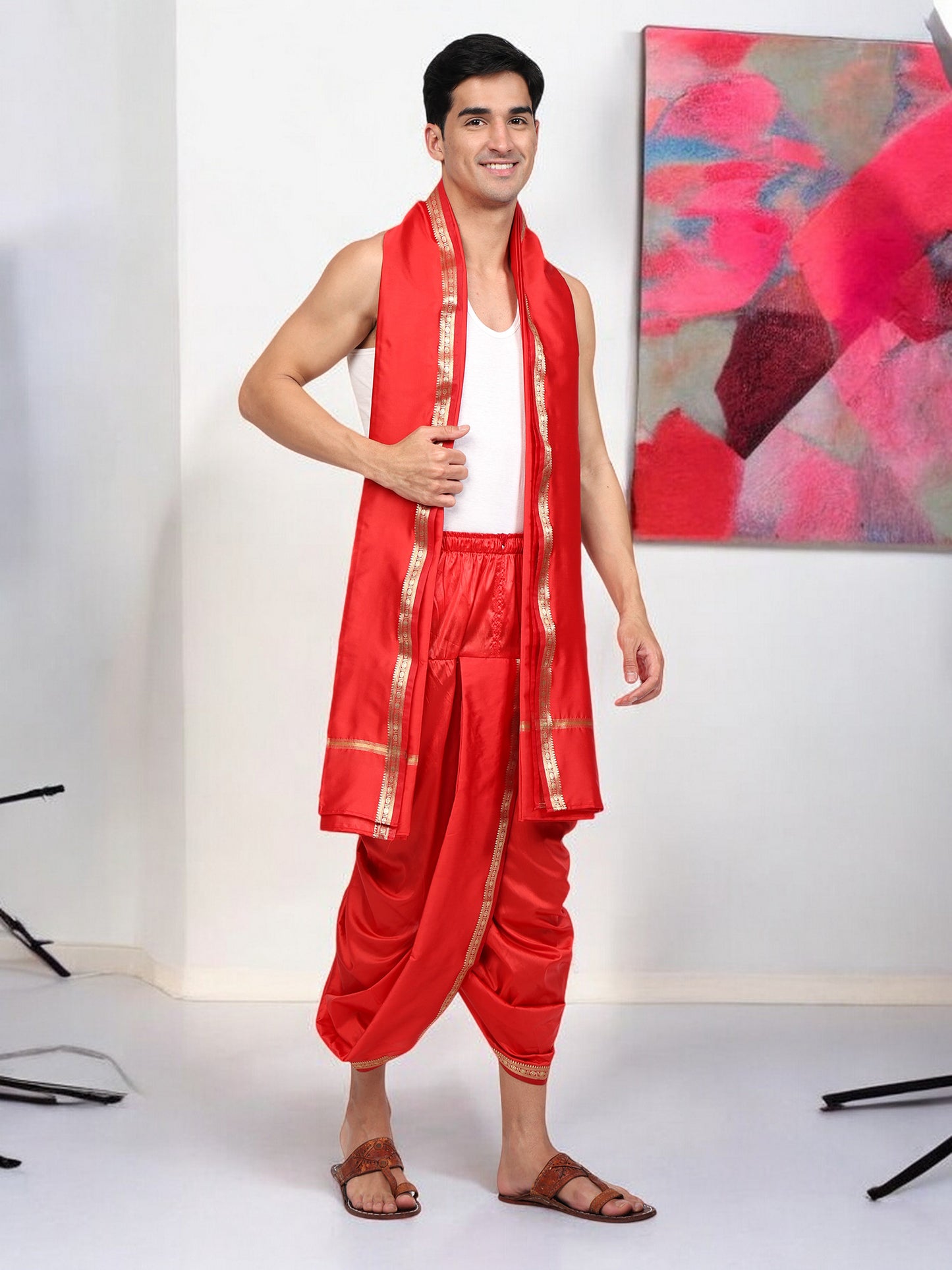 Dhoti Pant for Men - Silk Dhoti with Stole - Ready Dhoti Set