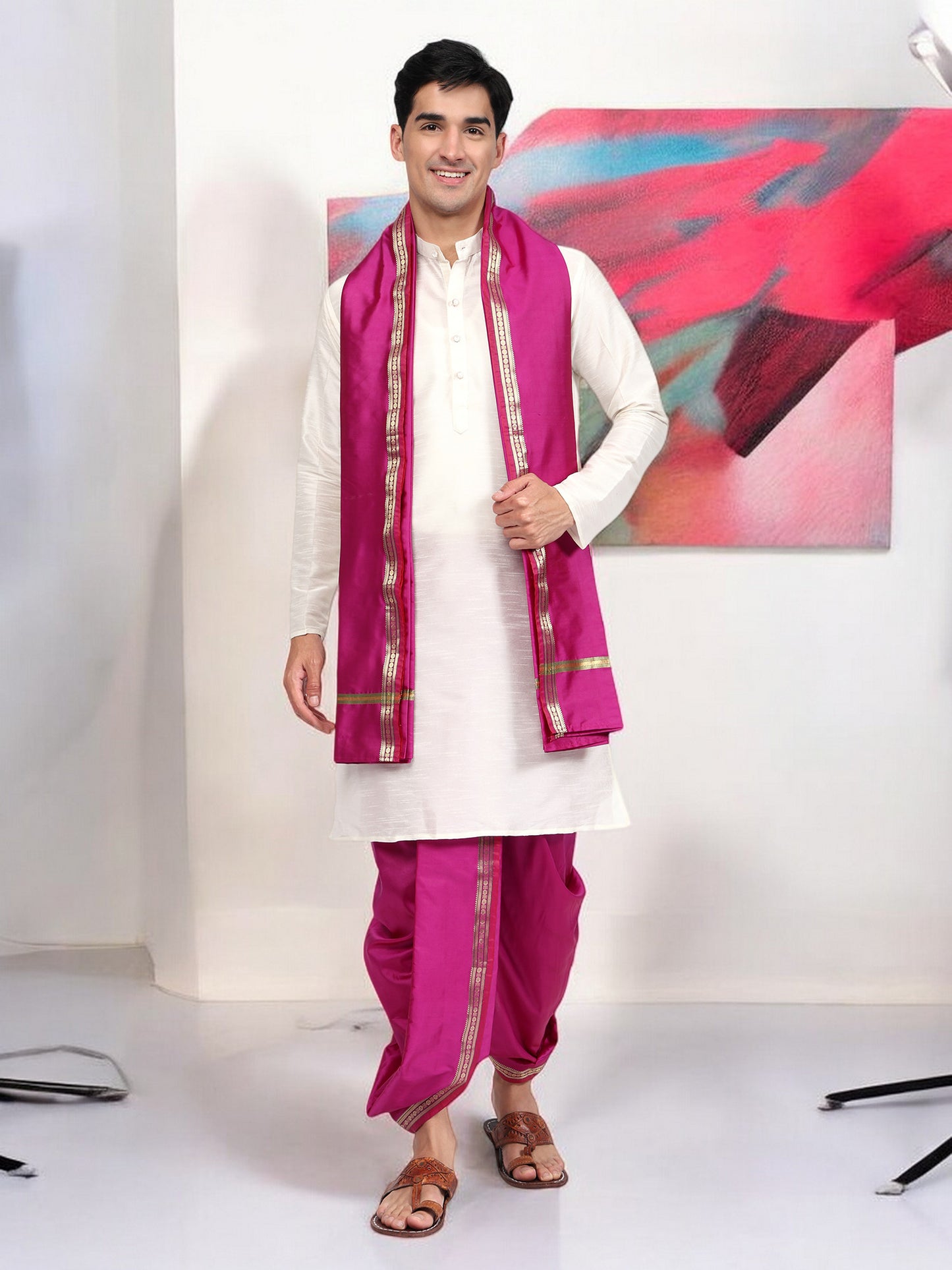 Dhoti Pant for Men - Silk Dhoti with Stole - Ready Dhoti Set