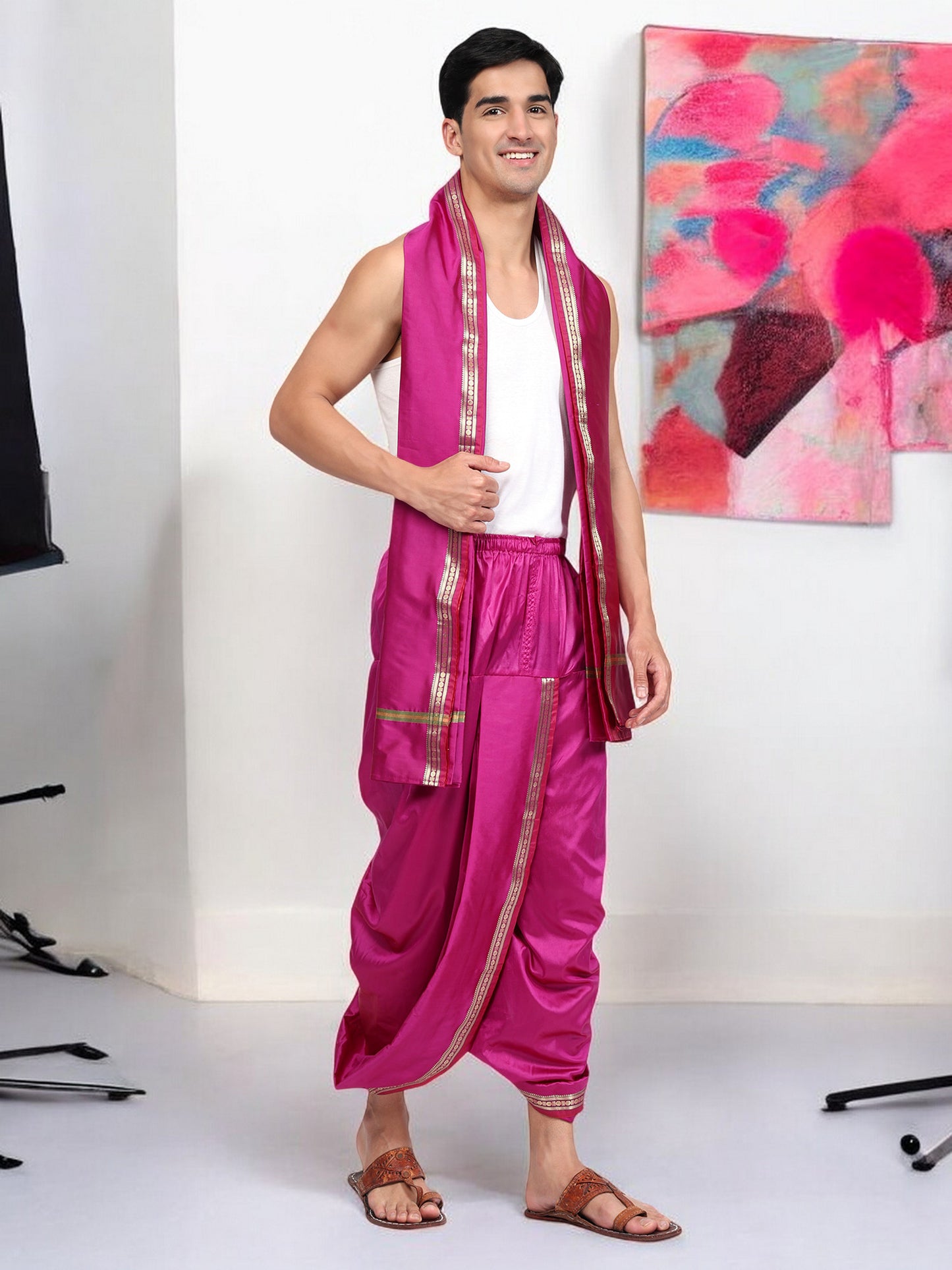 Dhoti Pant for Men - Silk Dhoti with Stole - Ready Dhoti Set