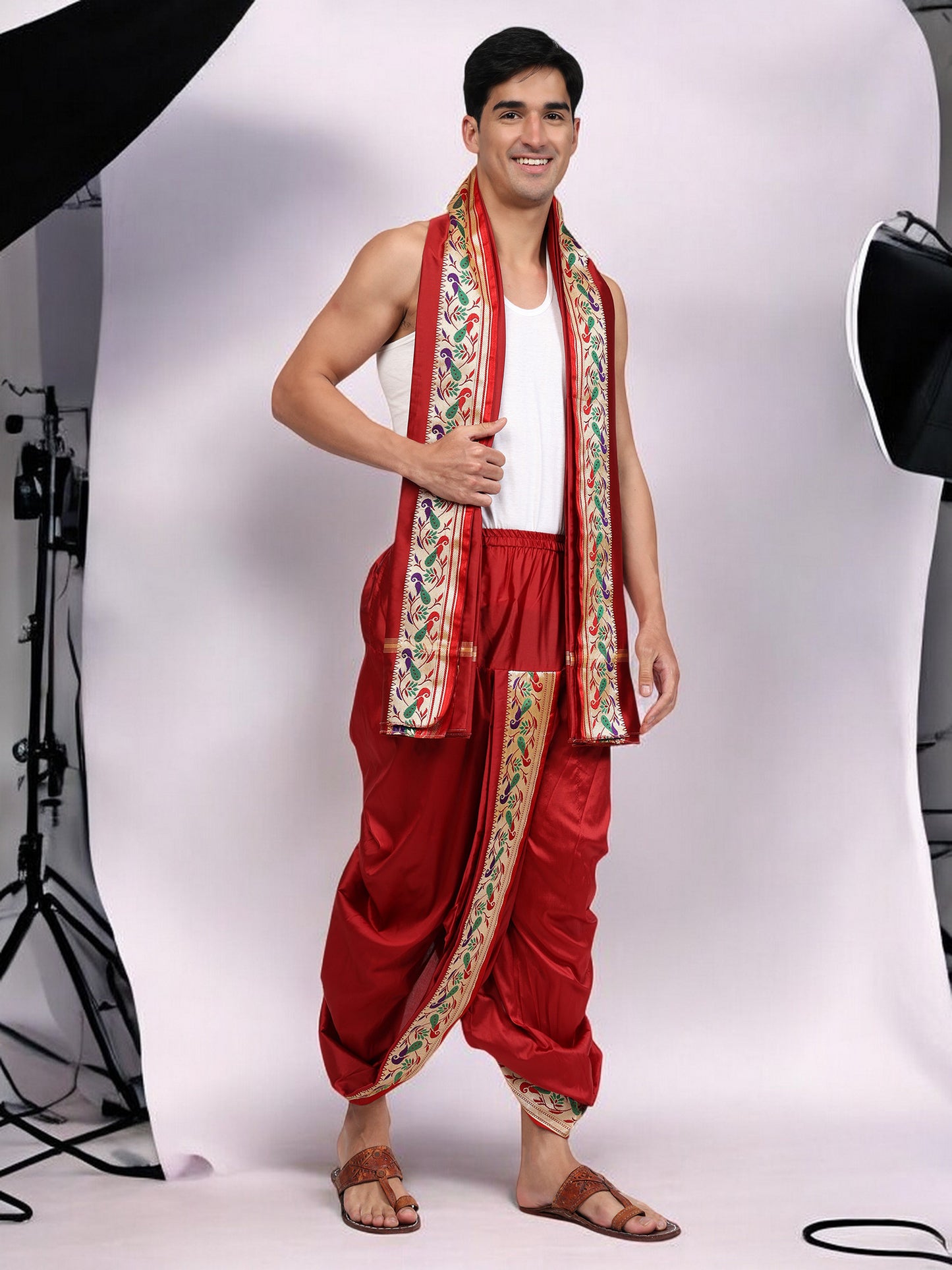 Silk Dhoti Kurta Set for Men with Stole, 3 Piece Set