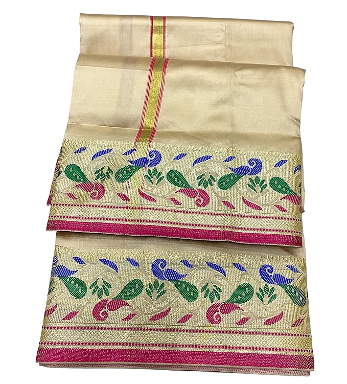 Paithani Mayur Border - Pancha Vesti Mundu Set - Unstitched Dhoti 4.25 Mtr Dhoti with 2.2 Mtr Stole