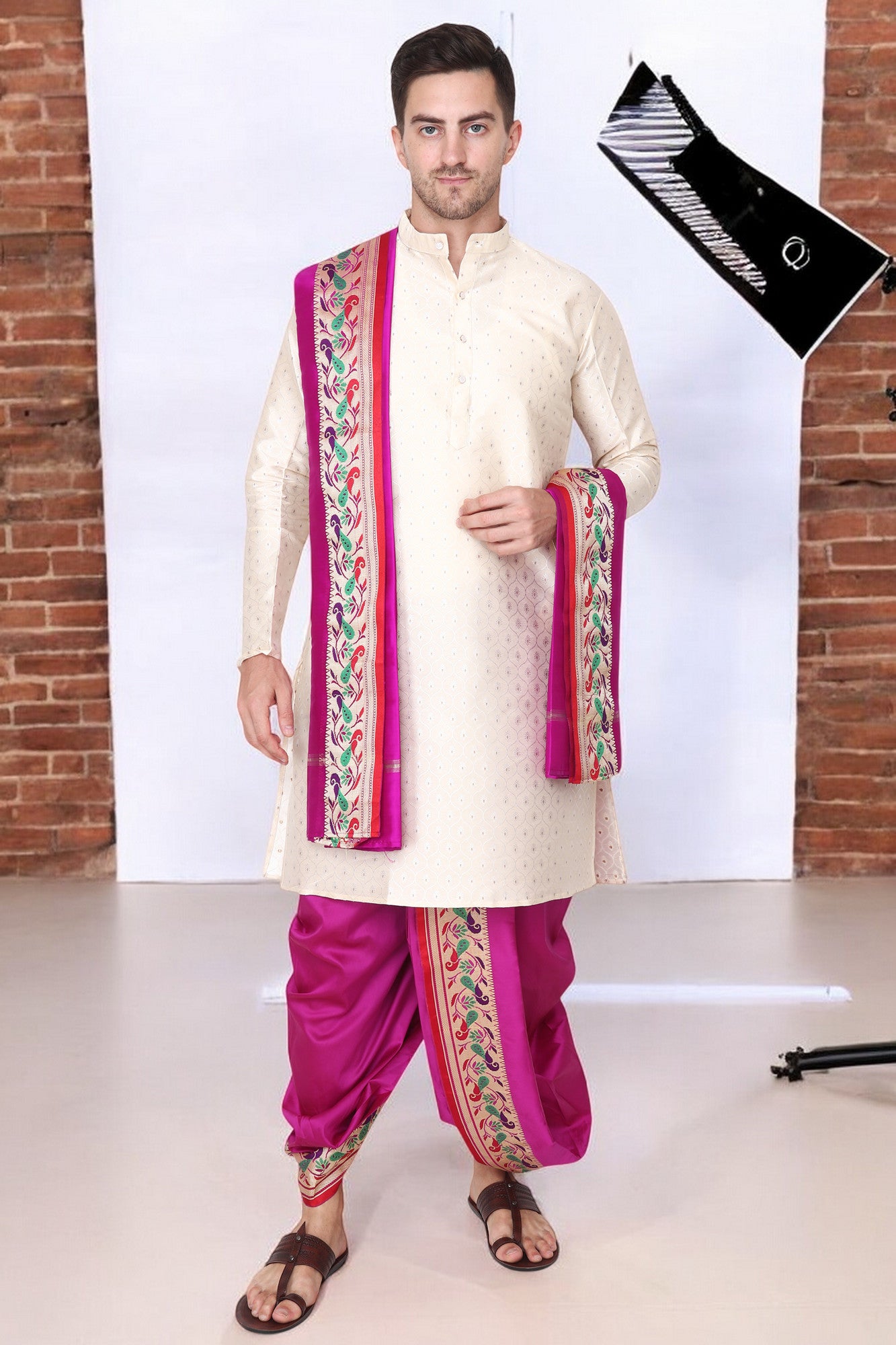 Silk Dhoti Kurta Set for Men with Stole, 3 Piece Set