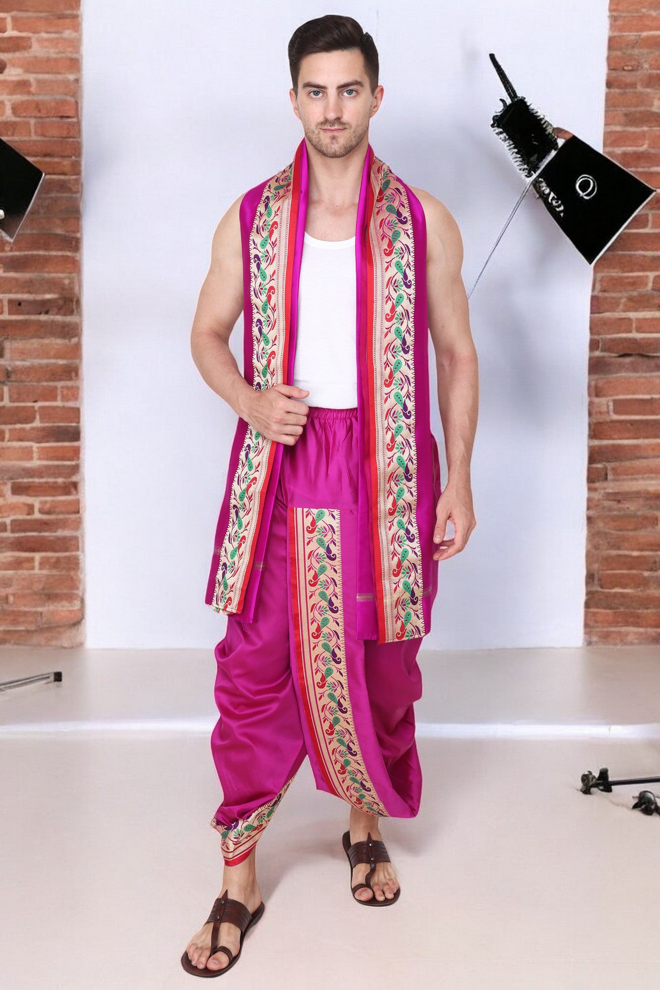 Silk Dhoti Kurta Set for Men with Stole, 3 Piece Set