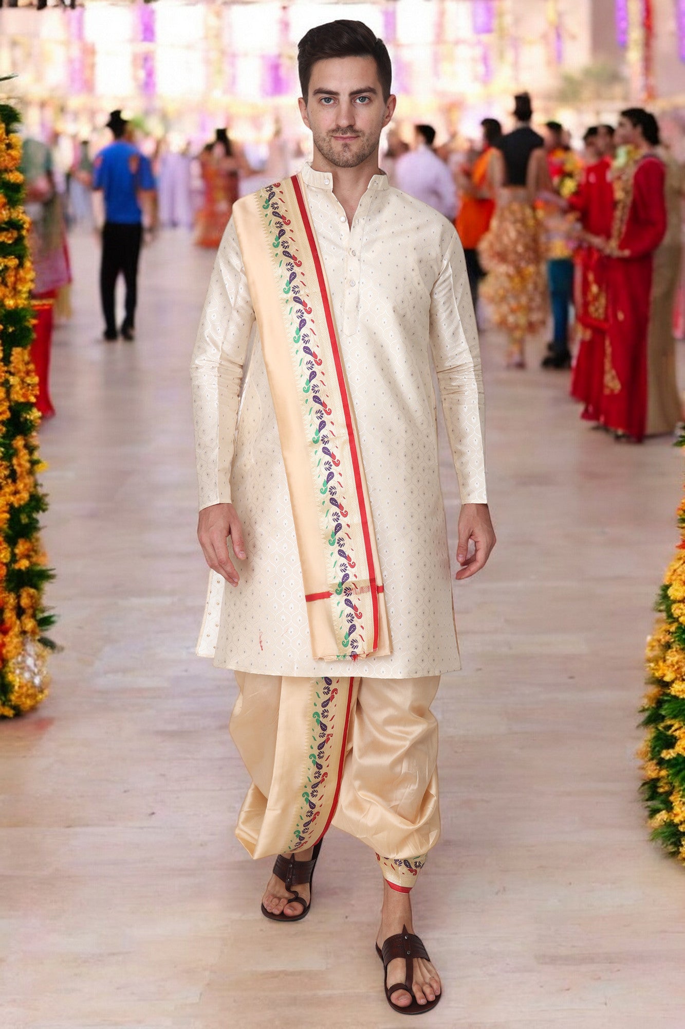 Silk Dhoti Kurta Set for Men with Stole, 3 Piece Set