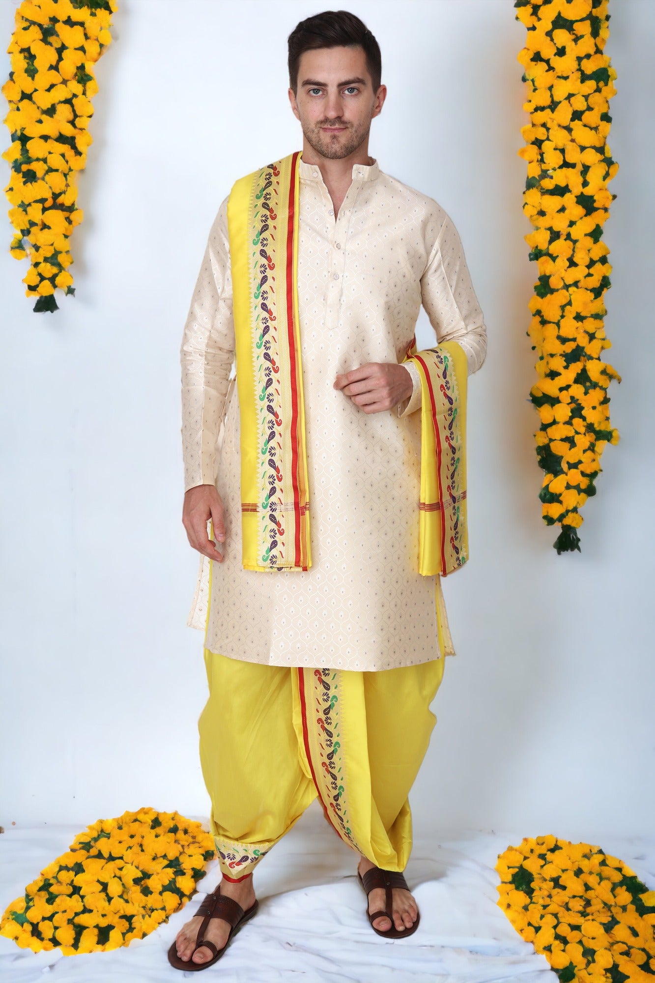 Silk Dhoti Kurta Set for Men with Stole, 3 Piece Set