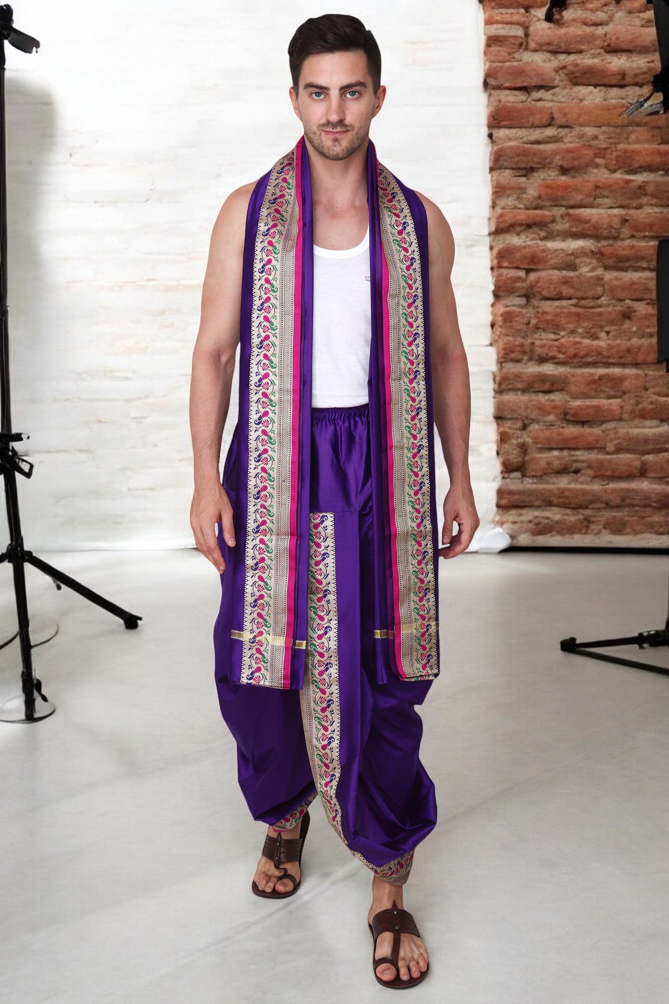 Silk Dhoti Kurta Set for Men with Stole, 3 Piece Set