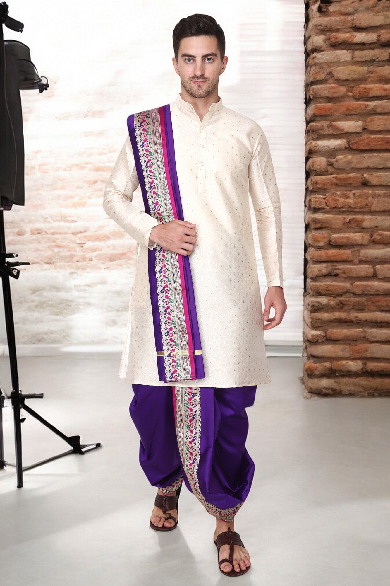 Silk Dhoti Kurta Set for Men with Stole, 3 Piece Set