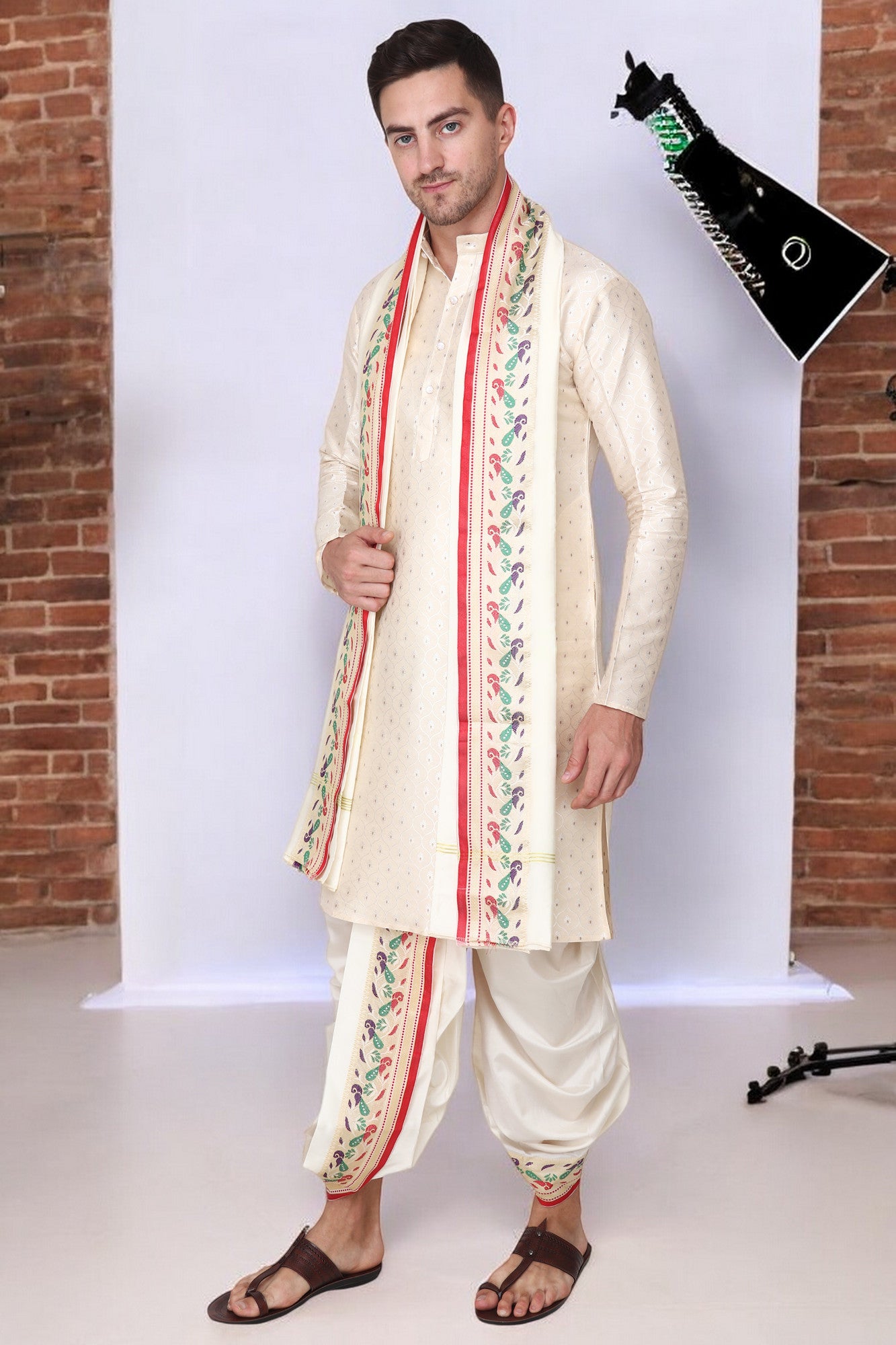 Silk Dhoti Kurta Set for Men with Stole, 3 Piece Set