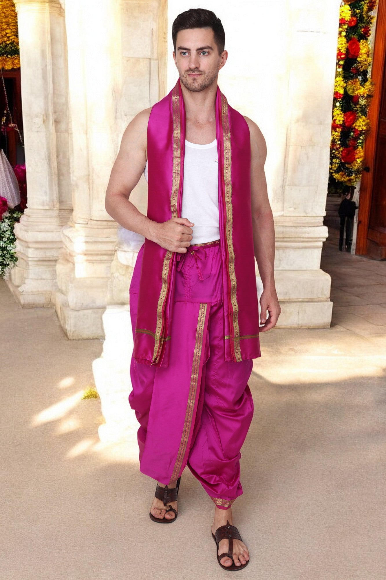 Dhoti Pant for Men - Silk Dhoti with Stole - Ready Dhoti Set