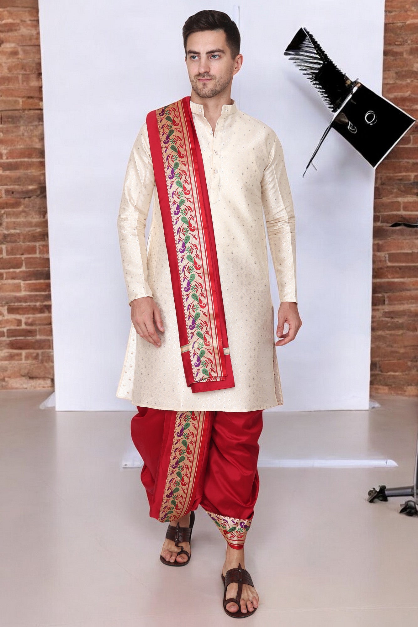 Silk Dhoti Kurta Set for Men with Stole, 3 Piece Set