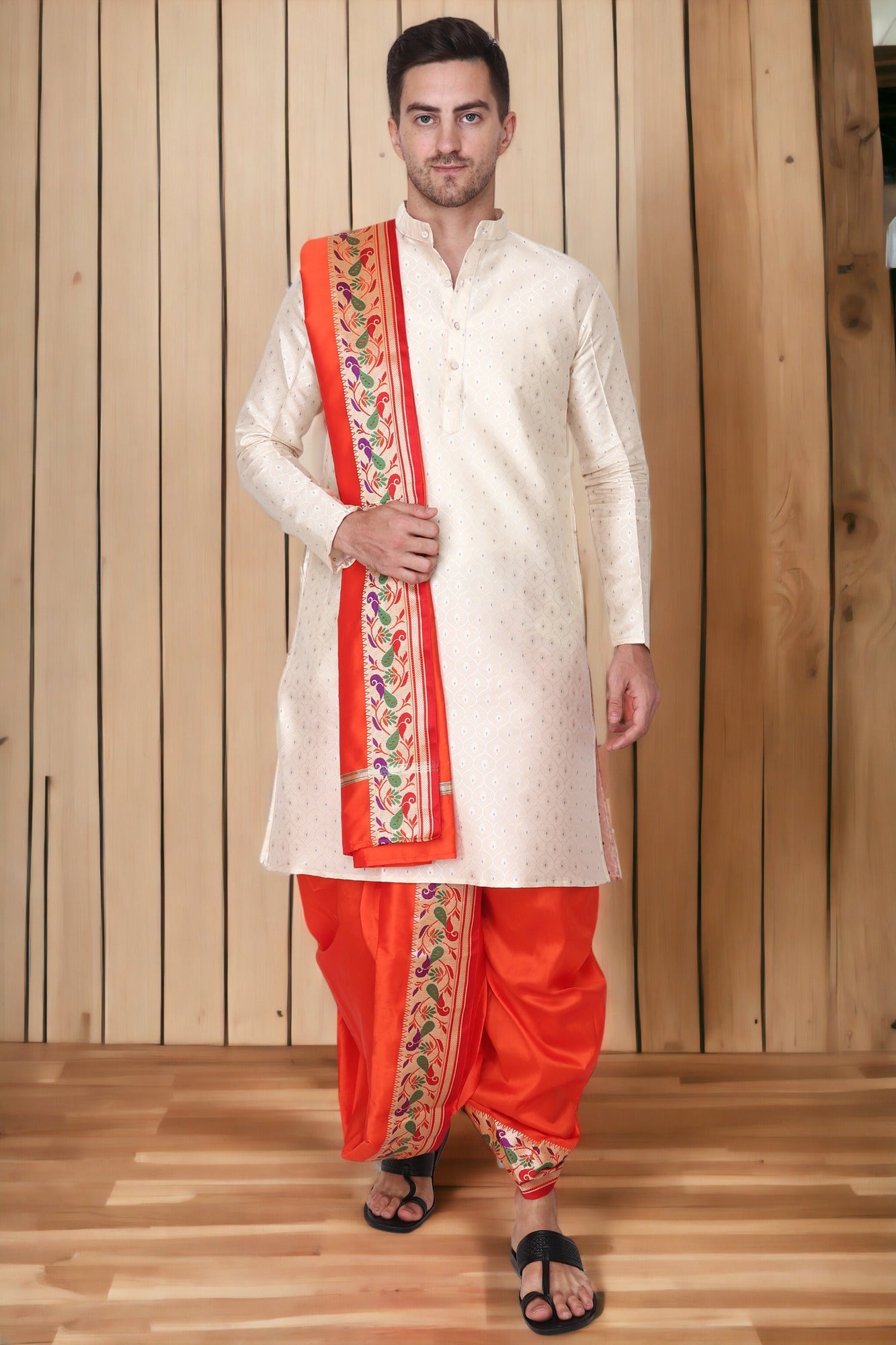 Silk Dhoti Kurta Set for Men with Stole, 3 Piece Set