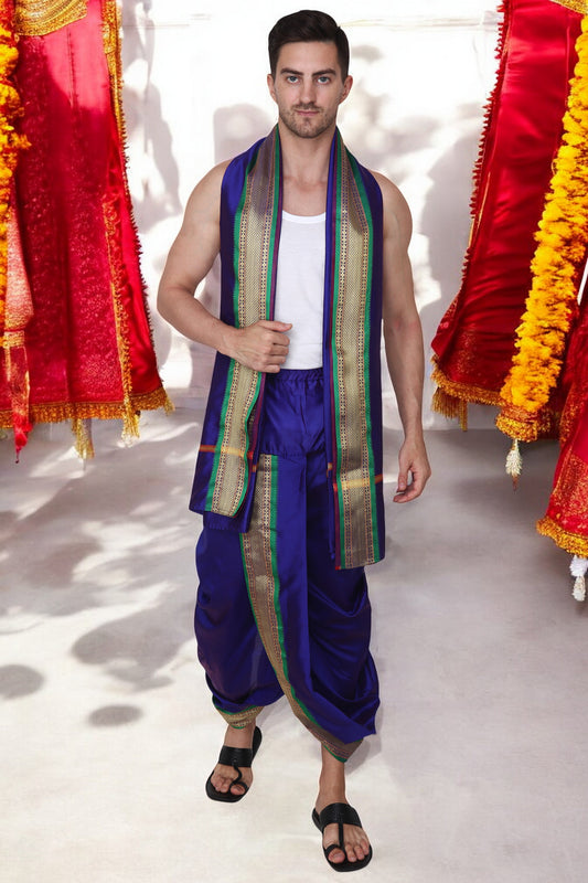 Blue Readymade Dhoti Dupatta Set - Velcro Dhoti Set for Men