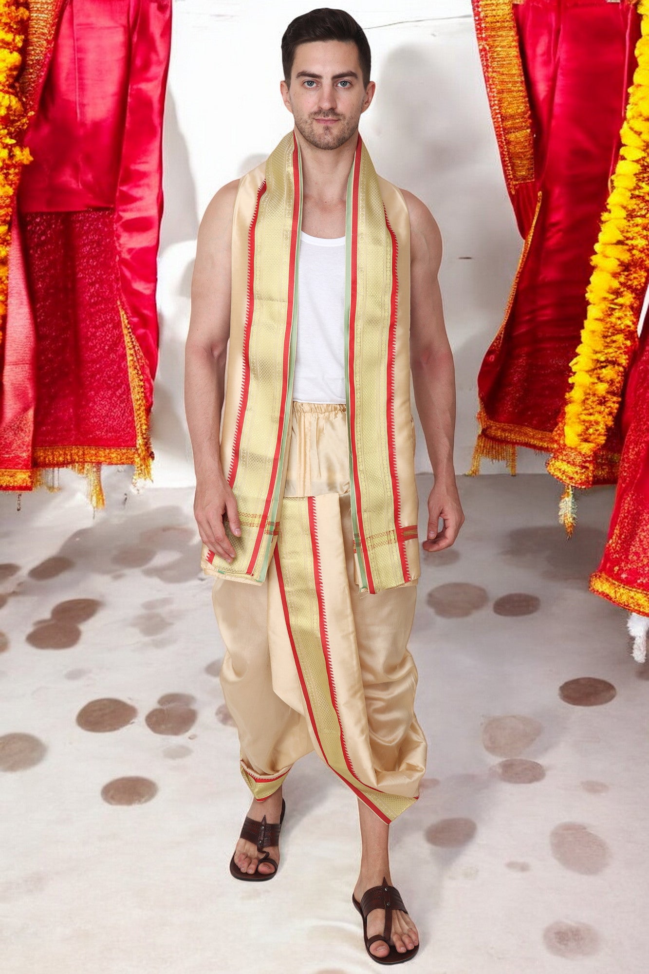 Silk Dhoti for Men - Readymade - Dhoti Angwastra Set