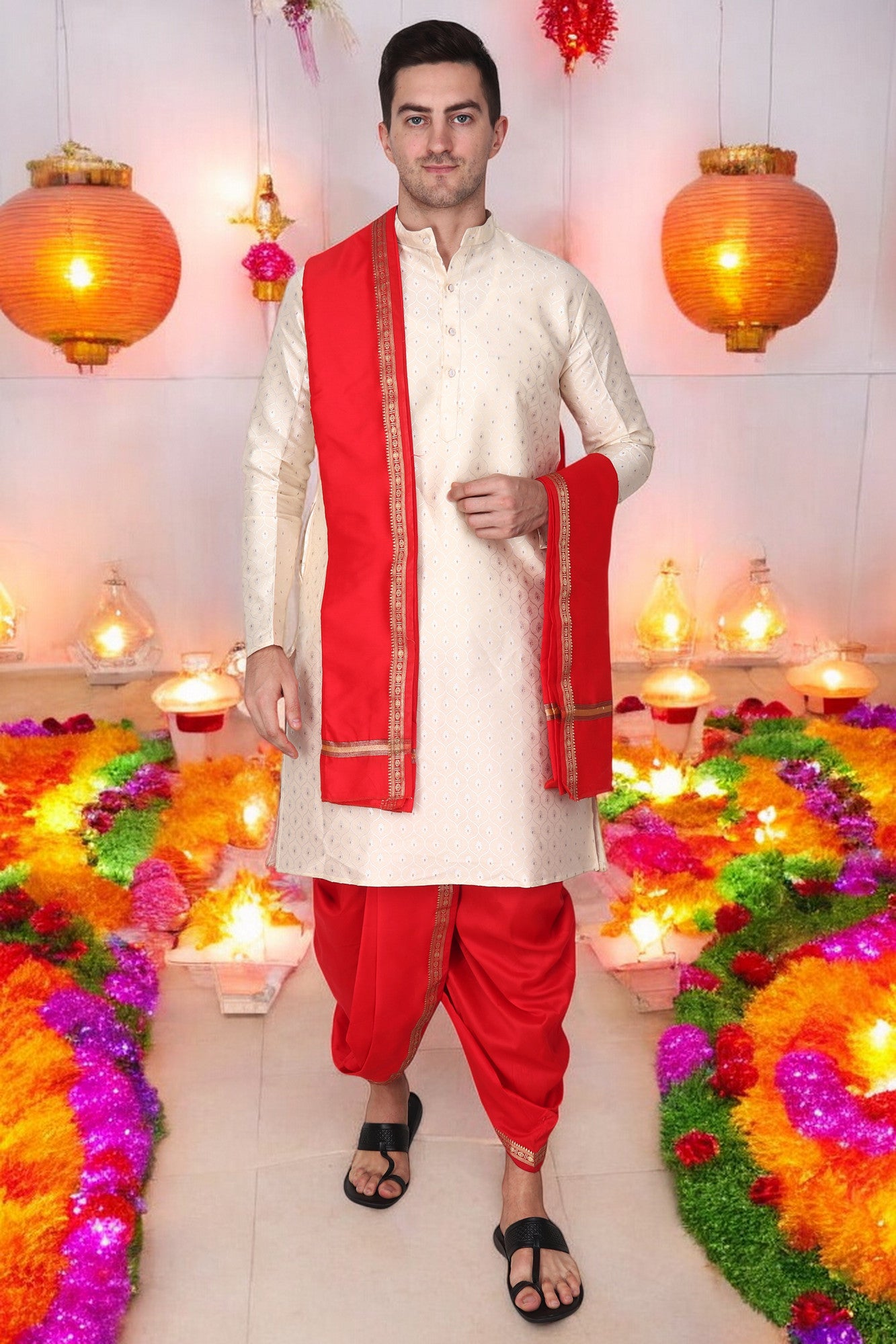 Dhoti Pant for Men - Silk Dhoti with Stole - Ready Dhoti Set