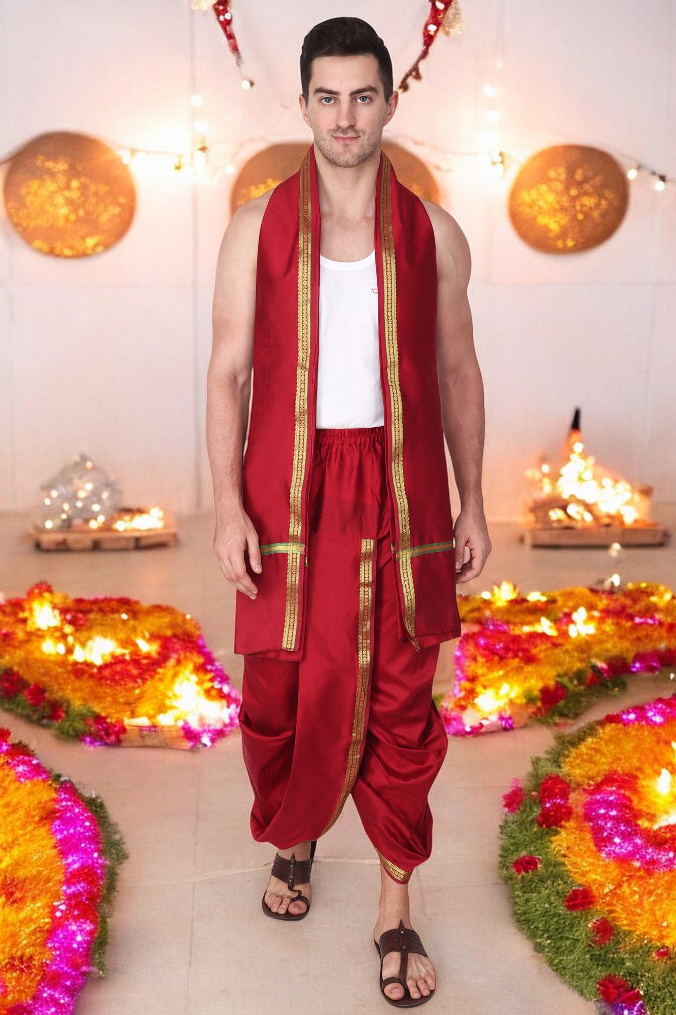 Dhoti Pant for Men - Silk Dhoti with Stole - Ready Dhoti Set