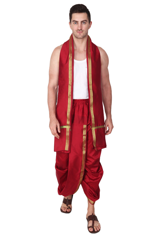 Maroon Dhoti with Pocket - Elastic Waist Free Size Dhoti for Men