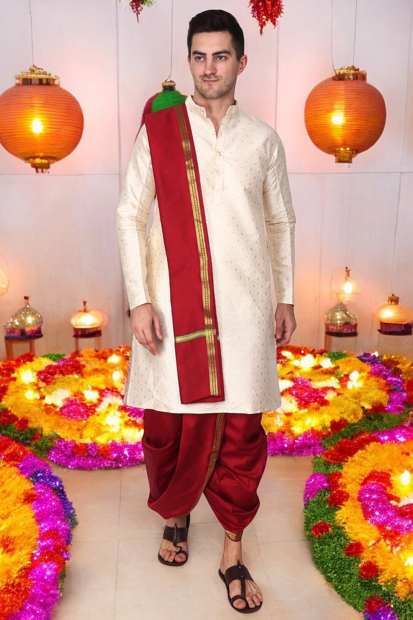 Dhoti Pant for Men - Silk Dhoti with Stole - Ready Dhoti Set