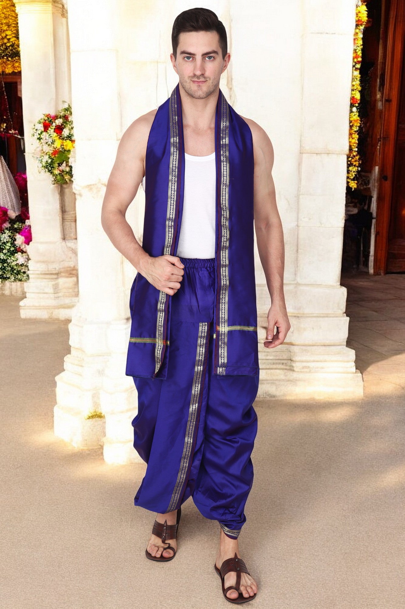 Blue Silk Dhoti - Readymade Pocket Dhoti for Men