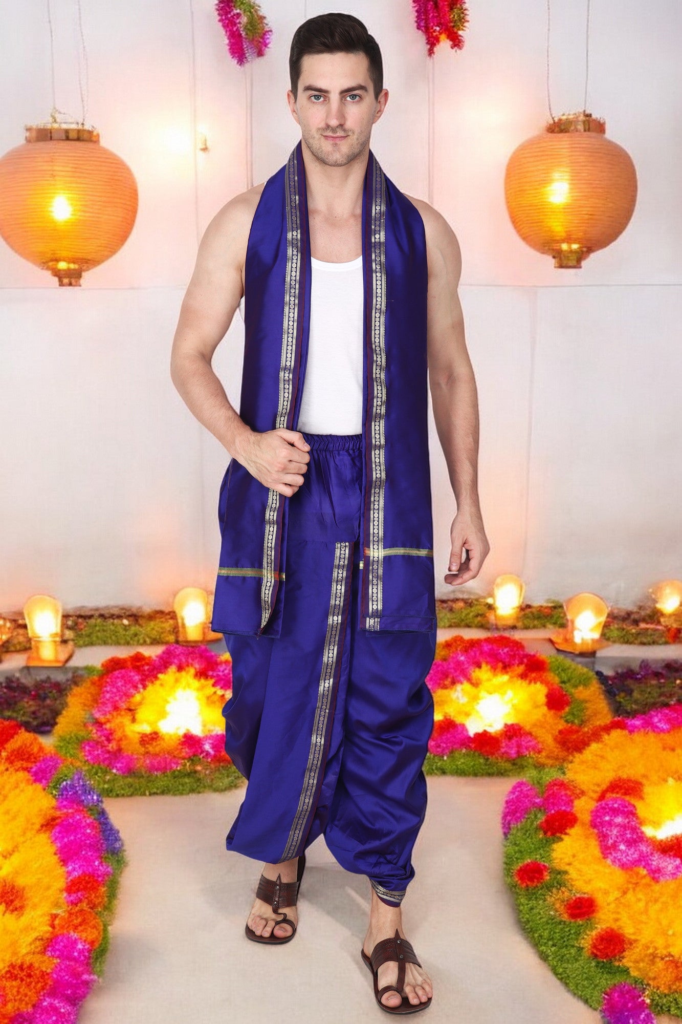 Blue Silk Dhoti - Readymade Pocket Dhoti for Men