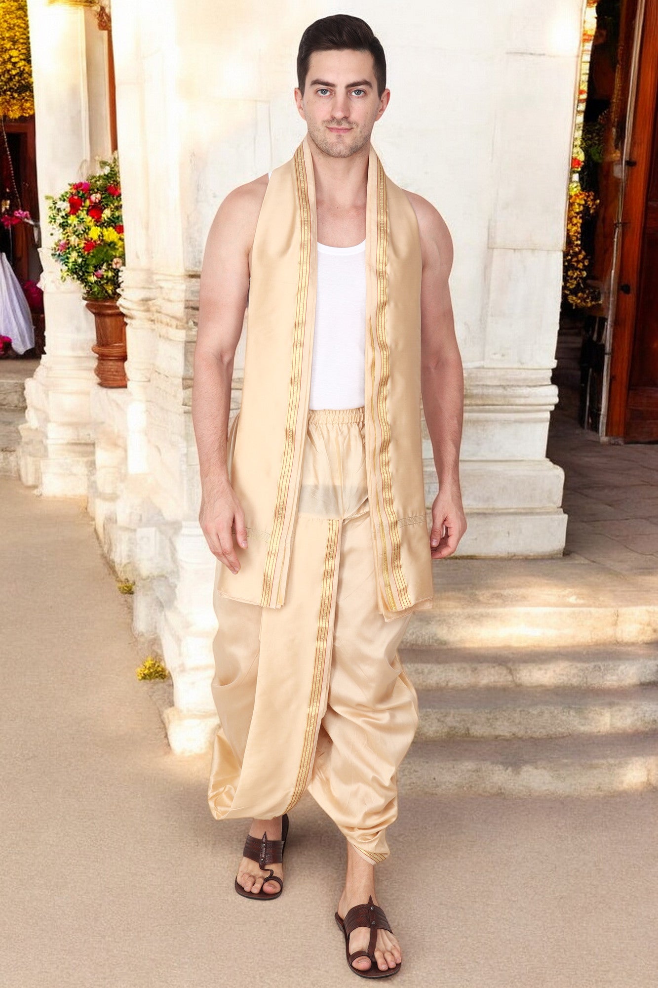 Dhoti Pant for Men - Silk Dhoti with Stole - Ready Dhoti Set