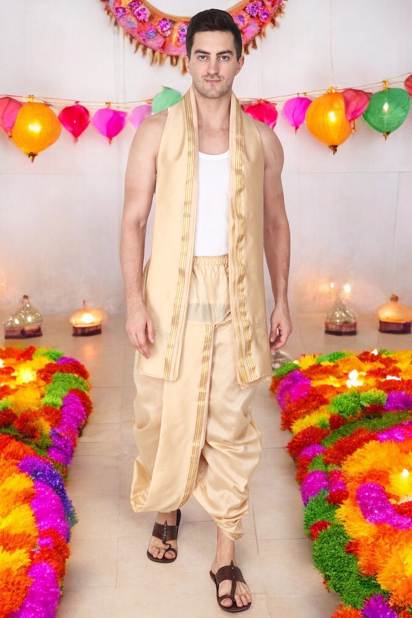 Dhoti Pant for Men - Silk Dhoti with Stole - Ready Dhoti Set