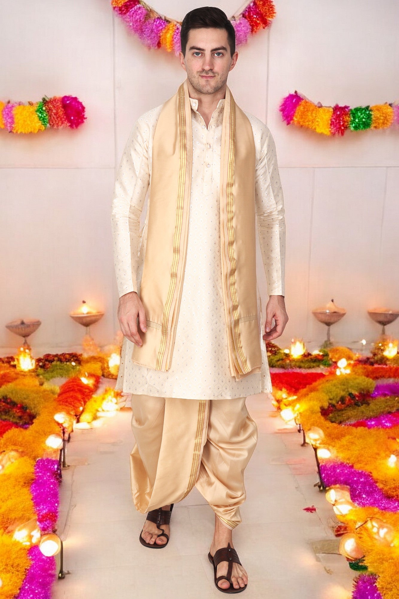 Dhoti Pant for Men - Silk Dhoti with Stole - Ready Dhoti Set