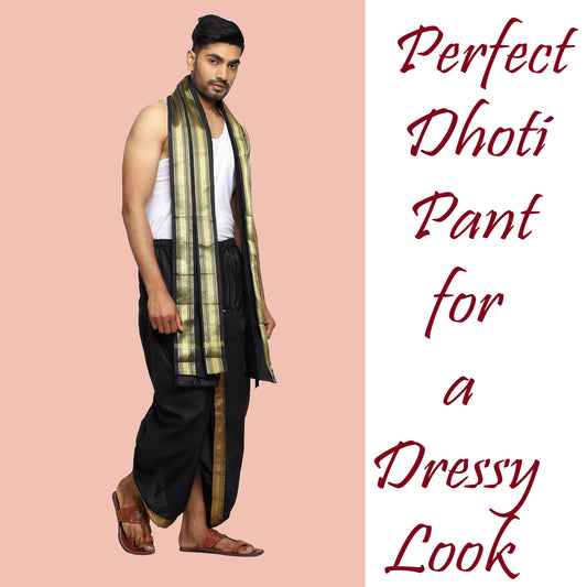 Black Dhoti for Men - Readymade Silk Dhoti Uparna Set